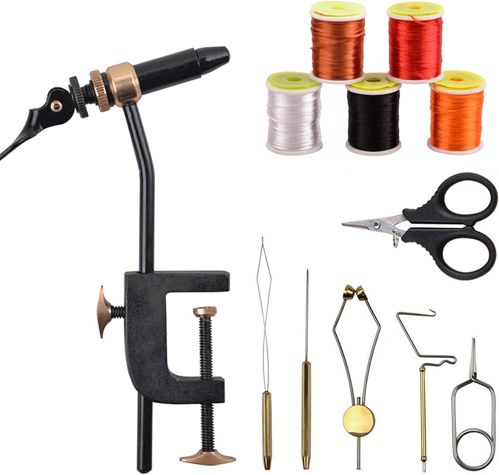 フライキング タイイングバイス/ラバージグ製作用バイス 含むボビンホルダーウッドツール ロータリーウィップフィニッシャー毛針 毛鉤 12本  釣り道具セット